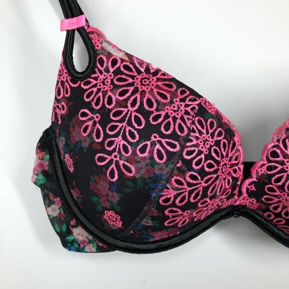 VICTORIA’S Secret  Sexy Little Thing Pink Embroidered Floral Black Bra 32C - Picture 2 of 6
